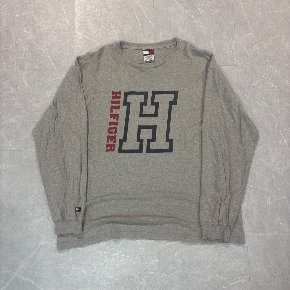 Tommy Hilfiger Mens Long Sleeve Graphic T-Shirt Gray XL Cotton Crewneck 3965
